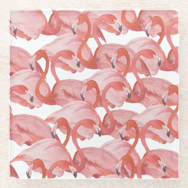 Flamingo Watercolor: Seamless Pattern Glass Coaster (Front)