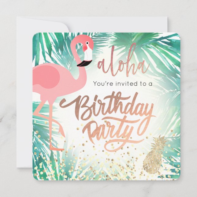 flamingo watercolor tropical birthday party invitation (Front)