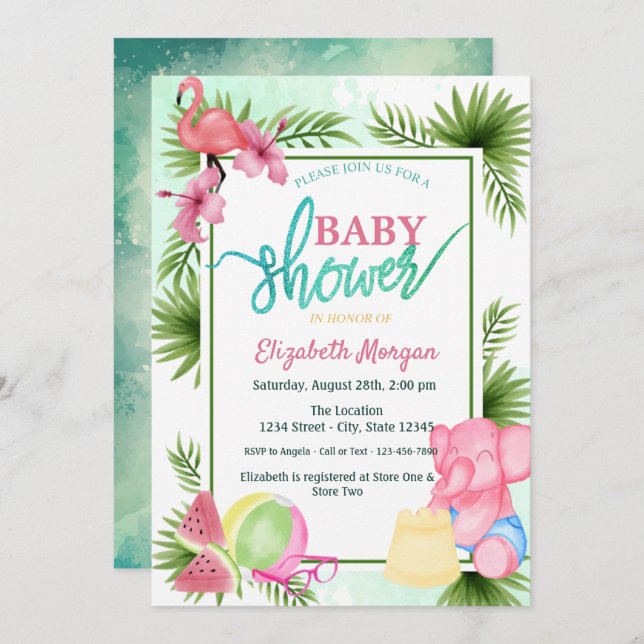 Flamingo,Watermelon,Elephant Palm Baby Shower Invitation (Front/Back)