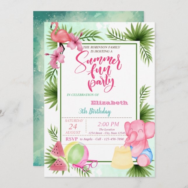 Flamingo,Watermelon Palm Leaf Summer Birthday Invitation (Front/Back)