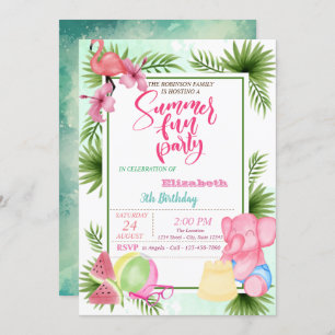 Flamingo,Watermelon Palm Leaf Summer Birthday Invitation