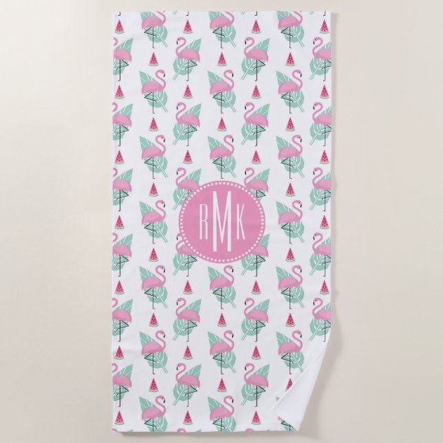 Flamingo & Watermelon Pastel Pattern Beach Towel (Front)