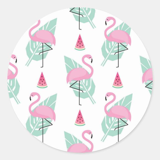 Flamingo & Watermelon Pastel Pattern Classic Round Sticker (Front)