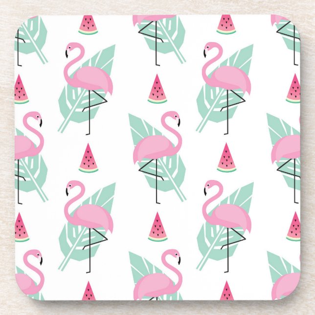 Flamingo & Watermelon Pastel Pattern Coaster (Front)