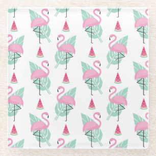 Flamingo & Watermelon Pastel Pattern Glass Coaster