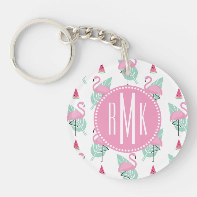 Flamingo & Watermelon Pastel Pattern Key Ring (Front)
