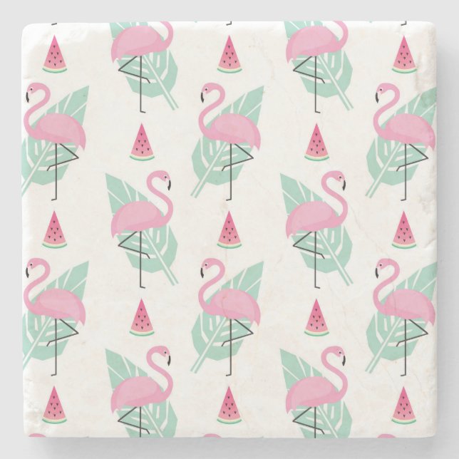 Flamingo & Watermelon Pastel Pattern Stone Coaster (Front)