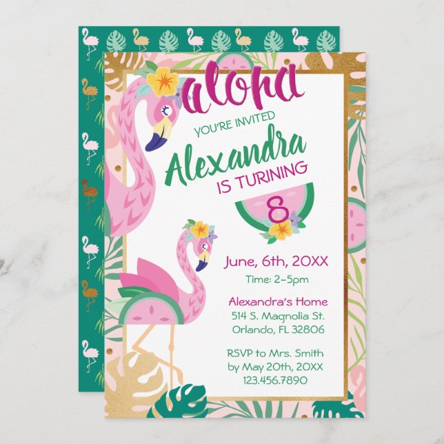 Flamingo & Watermelon Tropical Birthday Invitation (Front/Back)