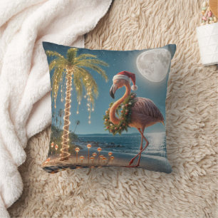 Flamingo Wearing a Christmas Wreath Cushion