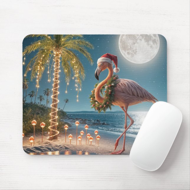Flamingo Wearing a Christmas Wreath Mouse Pad (With Mouse)