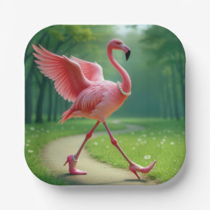 Flamingo Wearing High Heels and Pearls Paper Plate