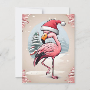 Flamingo wearing santa hat beside Christmas tree Postcard