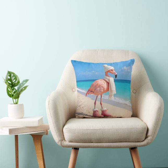 Flamingo Wearing Winter Scarf and Hat Cushion (Chair)
