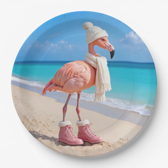 Flamingo Wearing Winter Scarf and Hat Paper Plate (Front)
