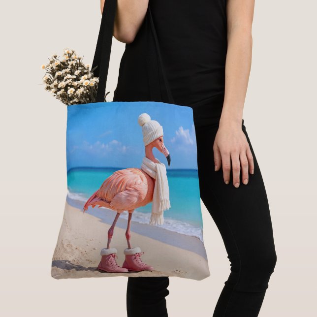 Flamingo Wearing Winter Scarf and Hat Tote Bag (Close Up)