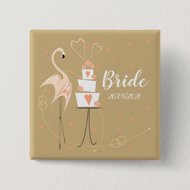 Flamingo Wedding Bride Date square  15 Cm Square Badge (Front)