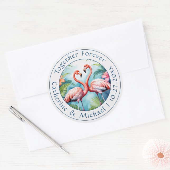 Flamingo Wedding Classic Round Sticker (Envelope)