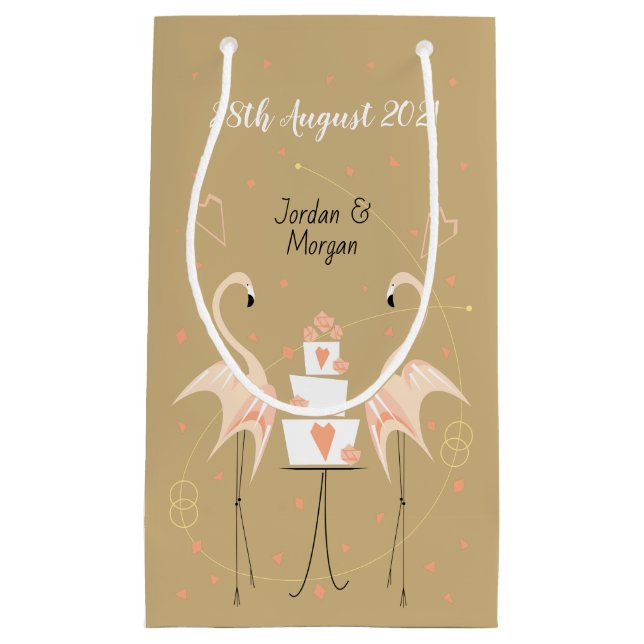 Flamingo Wedding Date Names Small Gift Bag (Front)