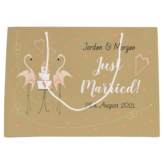 Flamingo Wedding Just Married! Names Date Large Gift Bag (Front)