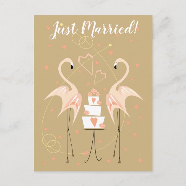 Flamingo Wedding Just Married postcard portrait (Front)