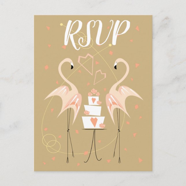 Flamingo Wedding RSVP front back postcard portrait (Front)