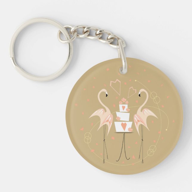Flamingo Wedding Save the Date Date acrylic round Key Ring (Front)