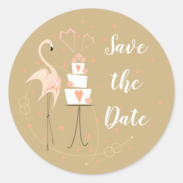 Flamingo Wedding Save the Date round Classic Round Sticker (Front)