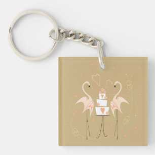 Flamingo Wedding text back acrylic square Key Ring