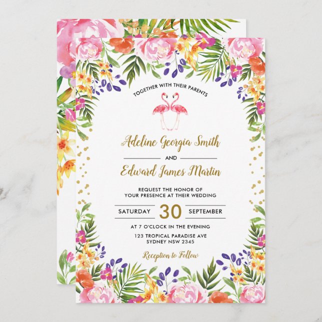 Flamingo Wedding Tropical Floral Palm leaves Gold Invitation (Front/Back)