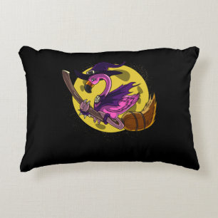 Flamingo Witch Riding Broom Magical Halloween Decorative Cushion