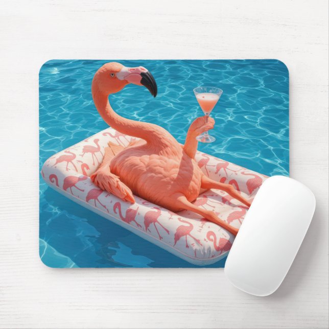 Flamingo With a Cocktail in a Swimming Pool Mouse Pad (With Mouse)