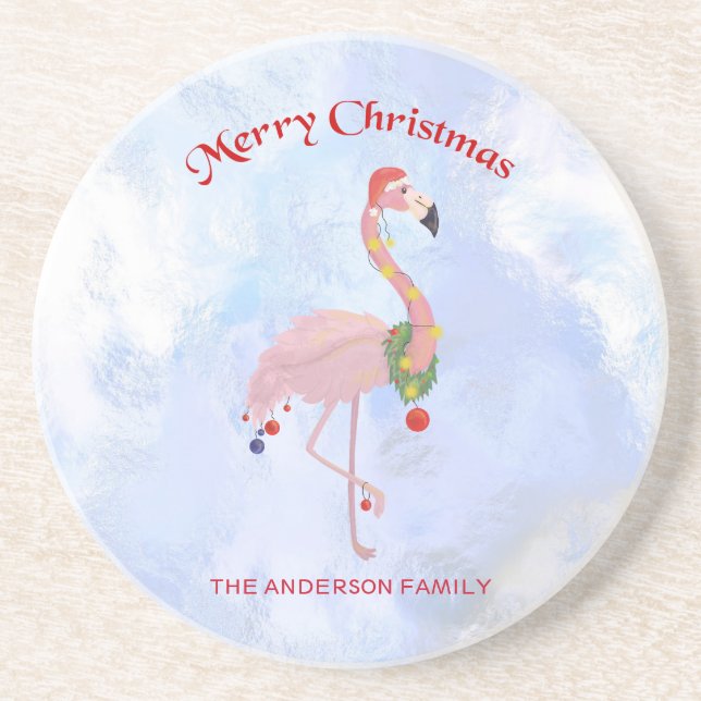 Flamingo With Christmas Decoration Coaster (Front)
