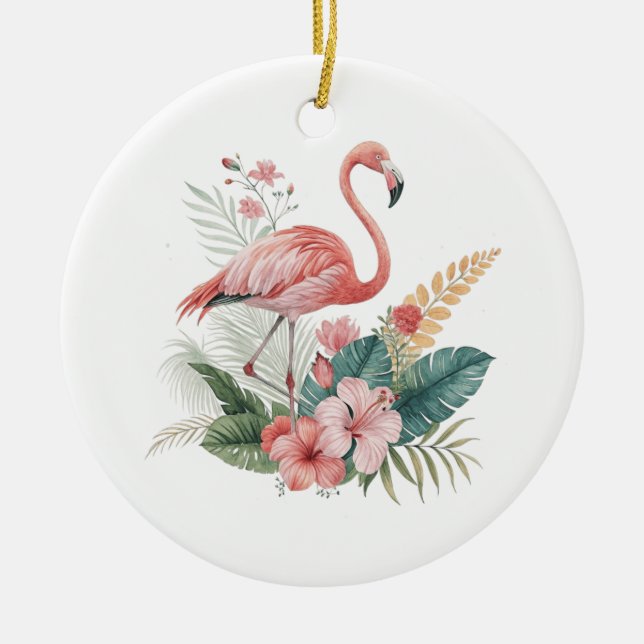 Flamingo With Flowers Ceramic Ornament (Front)