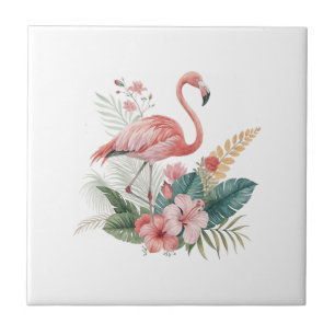Flamingo With Flowers Ceramic Tile