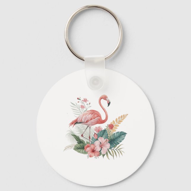 Flamingo With Flowers Key Ring (Front)