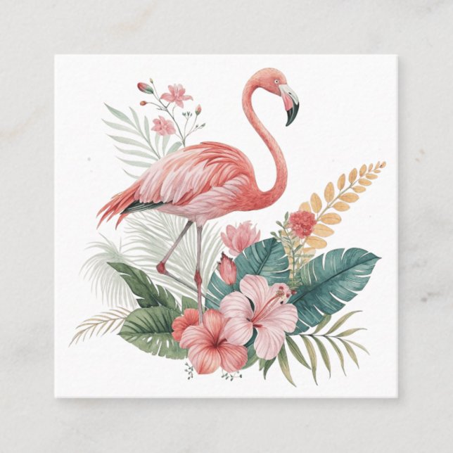 Flamingo With Flowers Square Business Card (Front)