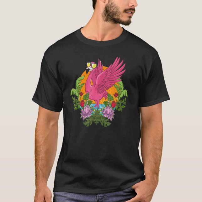 Flamingo With Glasses Love Shape Tropical T-Shirt (Front)