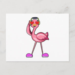Flamingo with Headphone & Hearts Postcard
