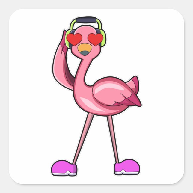 Flamingo with Headphone & Hearts Square Sticker (Front)