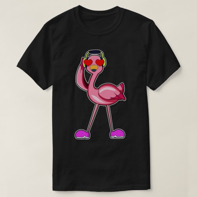 Flamingo with Headphone Hearts T-Shirt (Design Front)