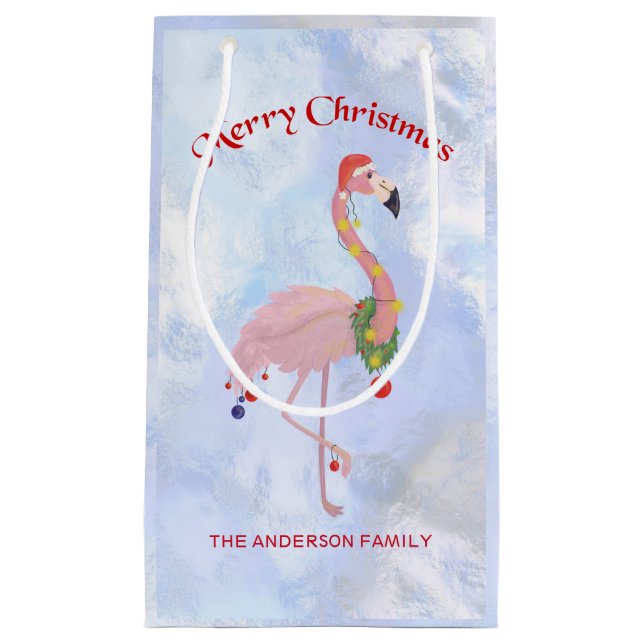 Flamingo with Lanterns Over Ice Background Small Gift Bag (Front)