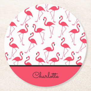 Flamingo with Name Round Paper Coaster