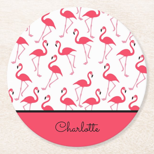 Flamingo with Name Round Paper Coaster (Front)
