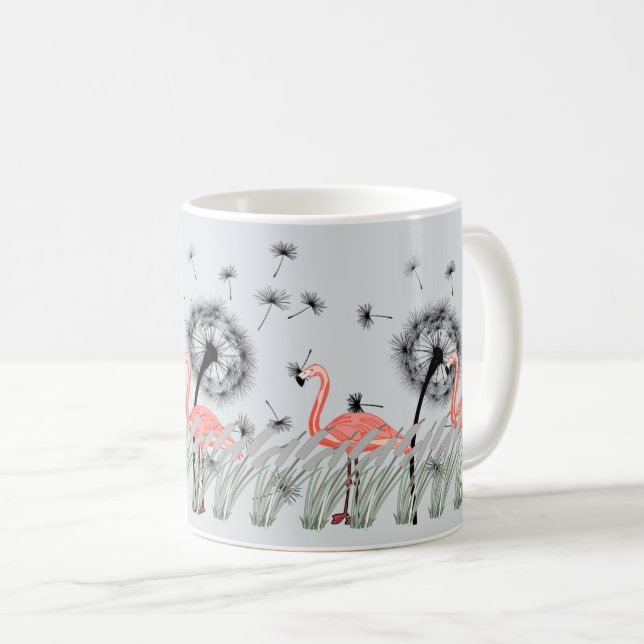 Flamingo with Orange Dandelion and Reed Grass Art Coffee Mug (Front Right)
