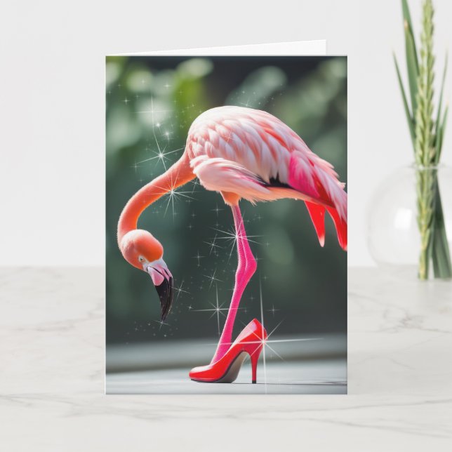 Flamingo With Red High Heel Shoe Card (Front)