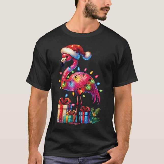 Flamingo With Santa Hat Christmas Tropical Xmas T-Shirt (Front)