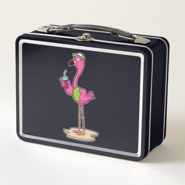 Flamingo with Sunglasses & Cap Metal Lunch Box (Front)