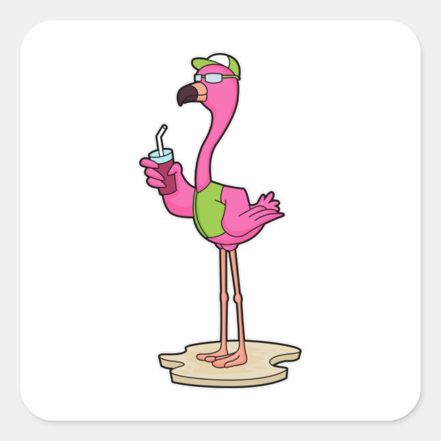 Flamingo with Sunglasses & Cap Square Sticker (Front)