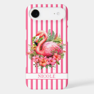 Flamingo with Tropical Flowers on Stripes