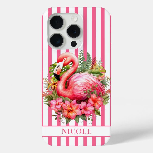 Flamingo with Tropical Flowers on Stripes Case-Mate iPhone Case (Back)